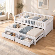 Letto divano 90x200 bianco con estraibile, 2 cassetti e 2 materassi