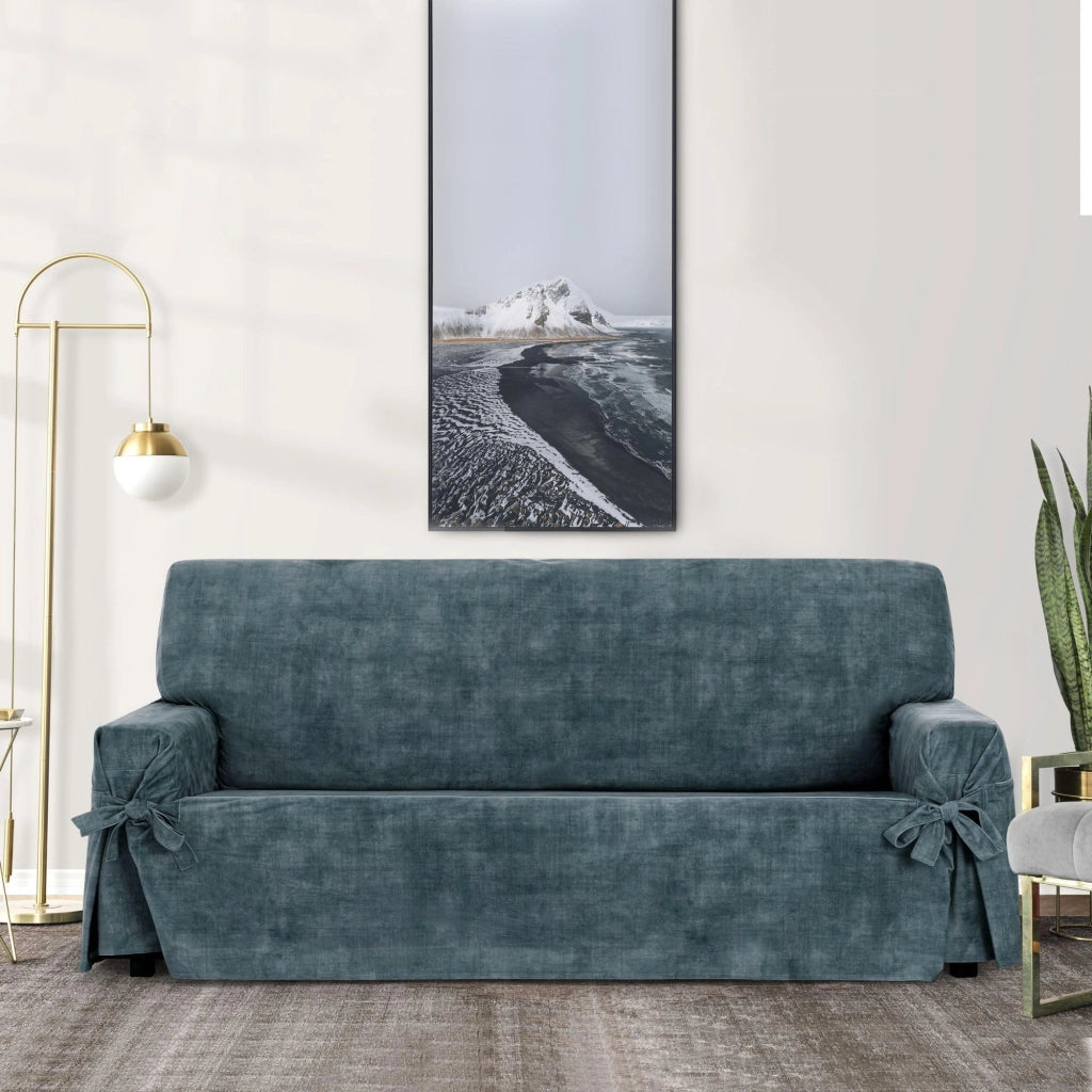 Divano a due posti, rivestito in velluto blu, antimacchia, con decorazioni a forma di fiocco