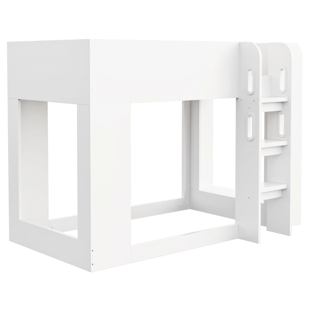 Letto a castello 90x200 cm in compensato e MDF bianco con ripiani laterali