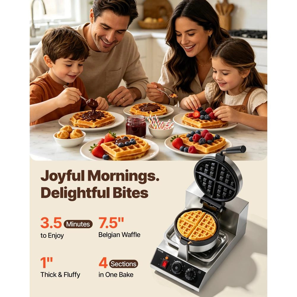 Macchina per Waffle Belga UWF-2205 in Acciaio Inox 1300W Piastra Antiaderente Rotonda 190,5 mm Regolabile 50-300 ℃ per Casa