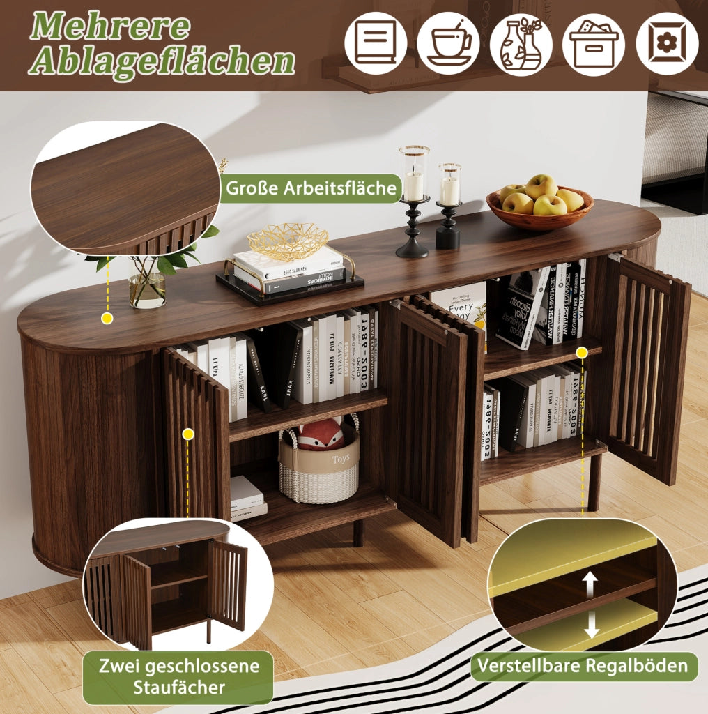Credenza 160x40x70 cm in MDF con 4 ante scorrevoli traforate e ripiani regolabili; noce