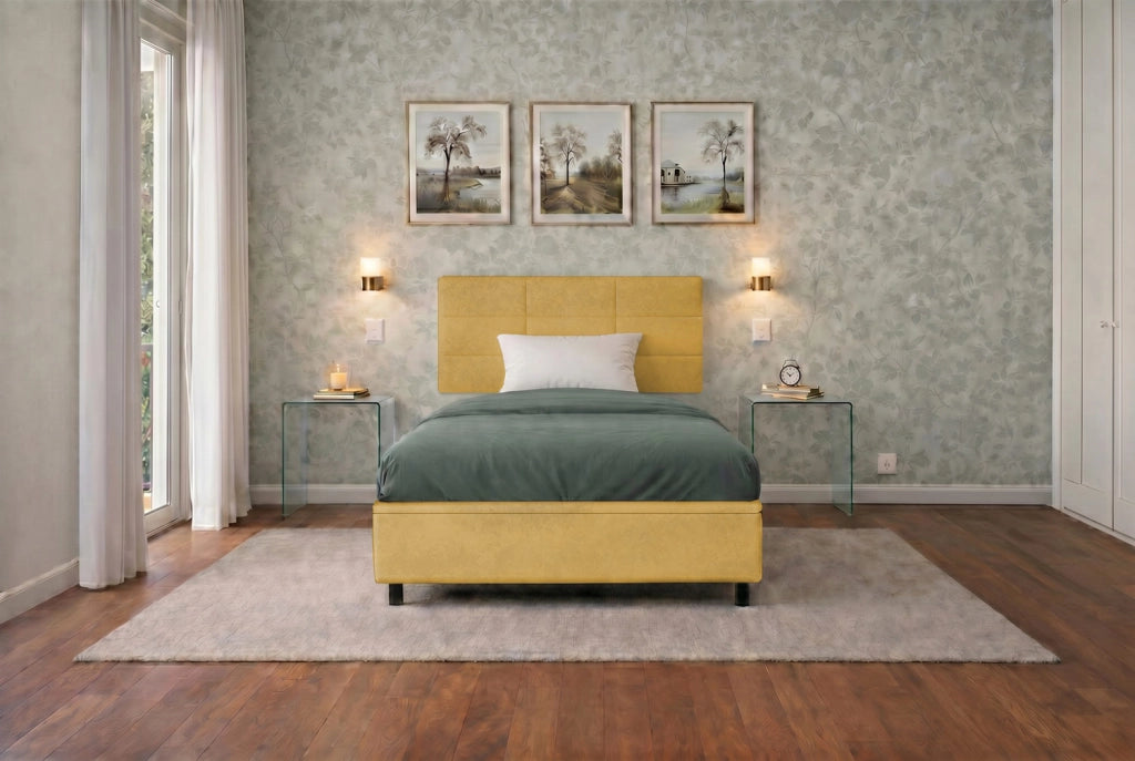 Letto Singolo Contenitore Imbottito 80x190 cm Microfibra Ocra BoxMax Testata Square