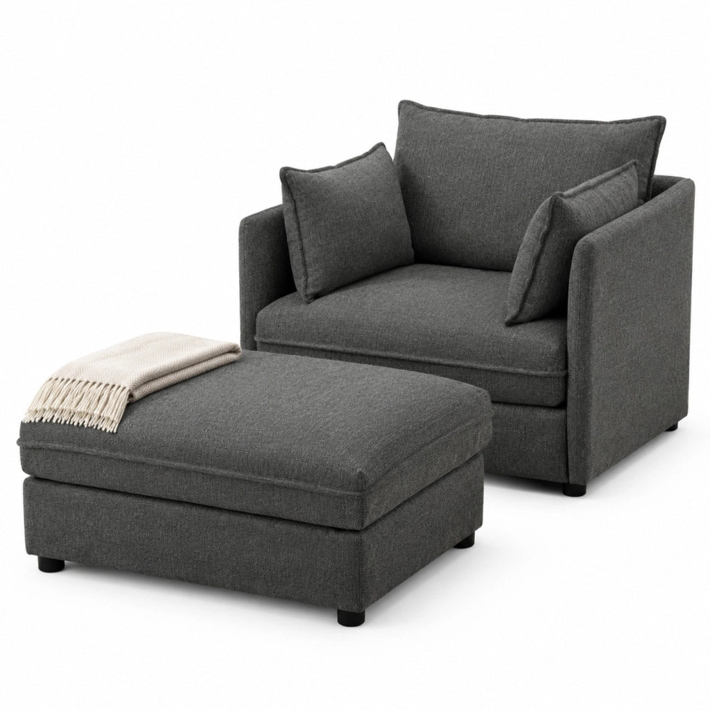 Poltrona in velluto Altay grigio con pouf contenitore e struttura in legno massello