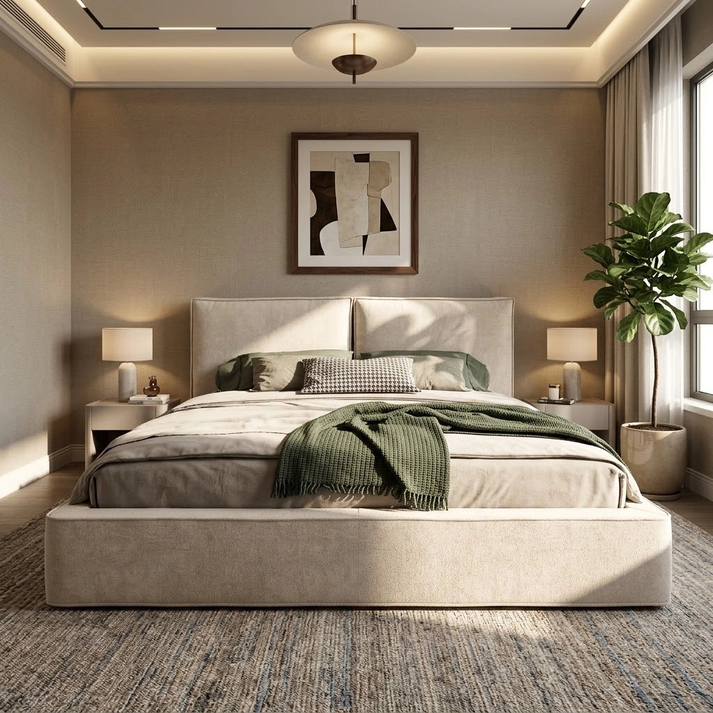 Letto matrimoniale 180 x 200 cm, letto contenitore con sollevamento idraulico, testiera in ciniglia beige