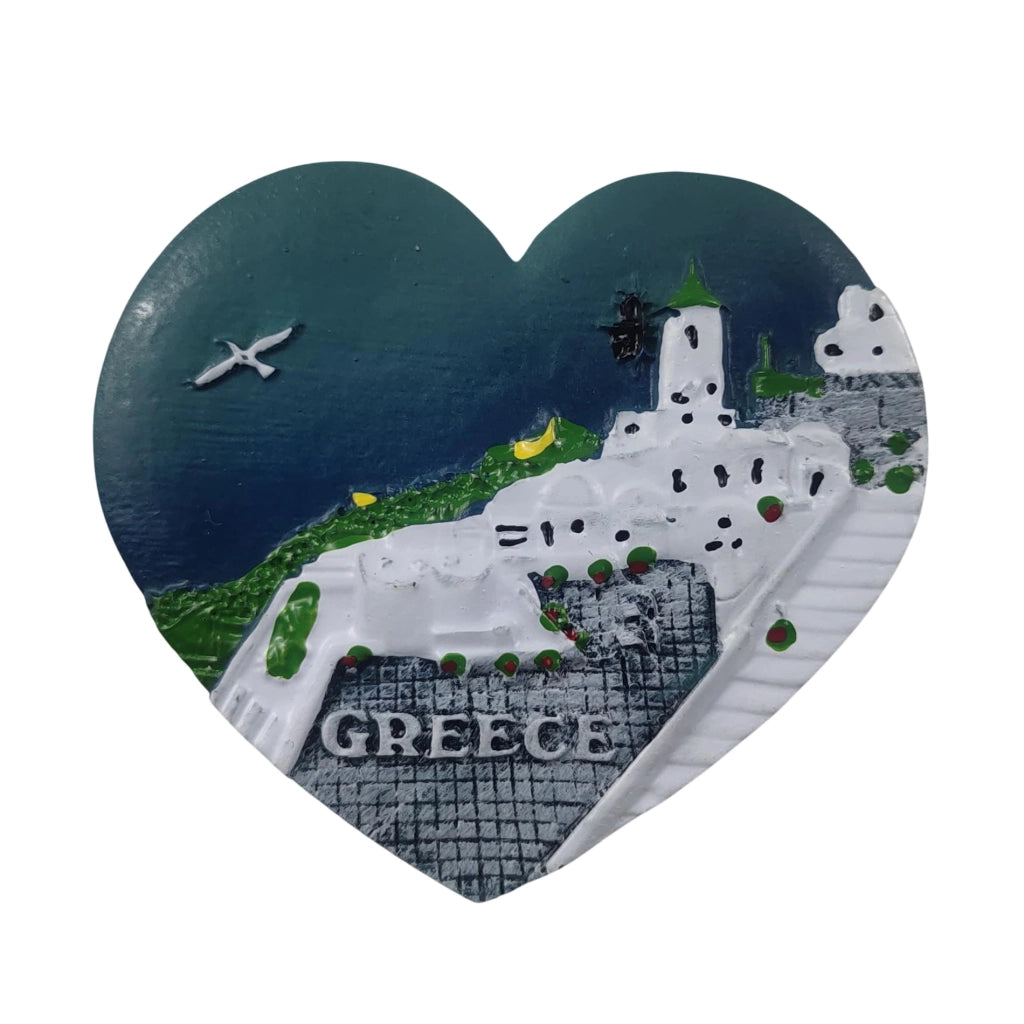 Magnete per frigorifero in 3D, Santorini: forma a cuore, case bianche, mare blu