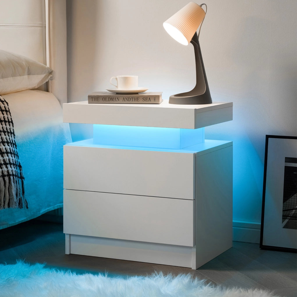 Comodino Moderno con Luci LED Regolabili e 2 Cassetti, Bianco, per Camera da Letto