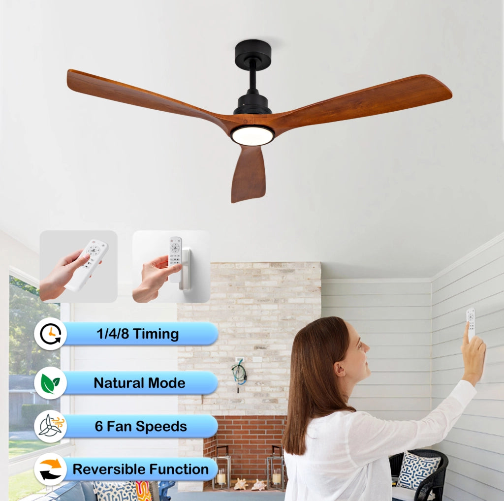 Ventilatore da soffitto da 60 pollici con luce regolabile e telecomando, noce e nero