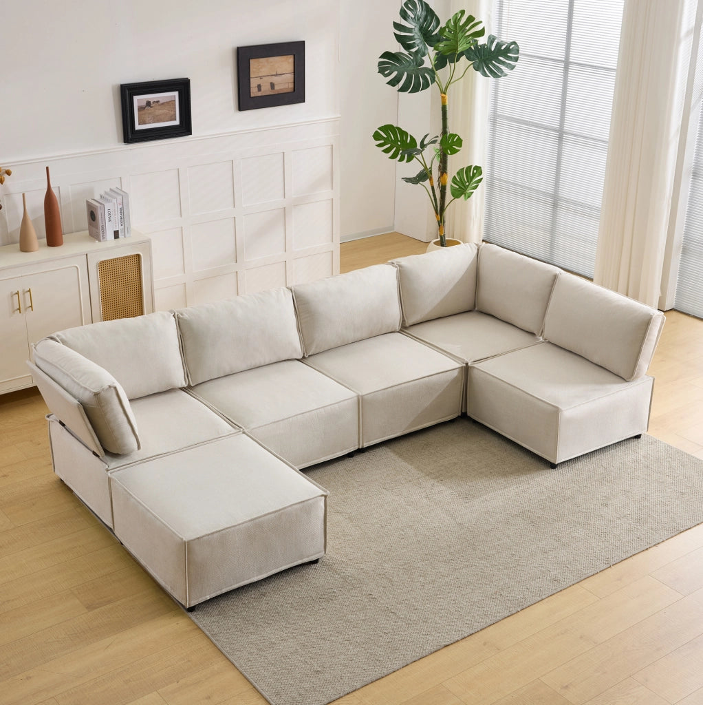 Divano modulare ULEVR 308x152x77 cm, 6 moduli combinabili in configurazione L, U o letto, beige