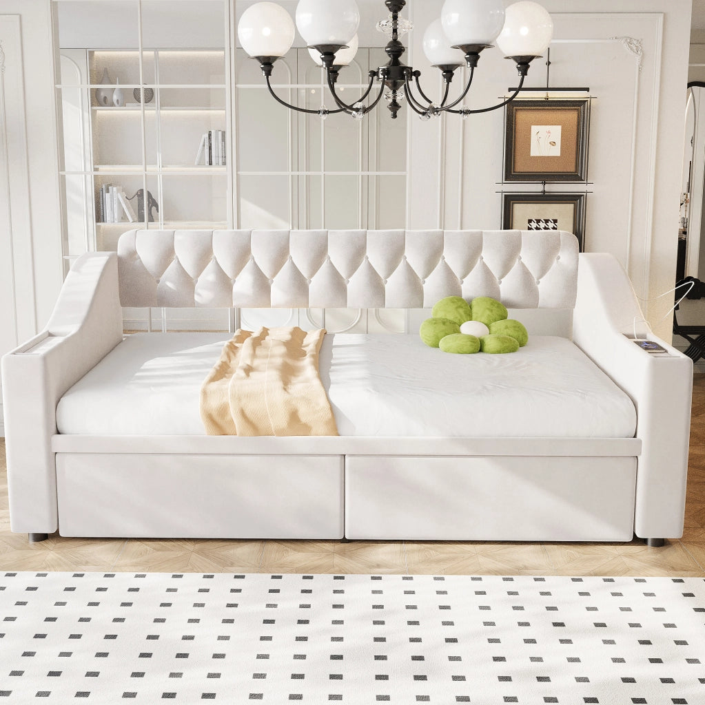 Divano letto 214,5x96x78,5 cm con contenitore, cassetti e USB in velluto beige per piccoli spazi, moderno