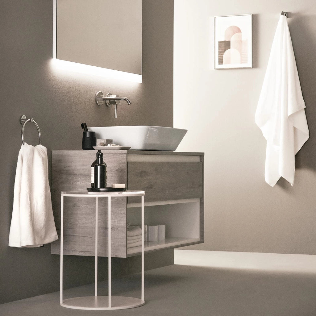 Miscelatore monocomando per lavabo, da montare a parete, cromato, con bocchetta fissa
