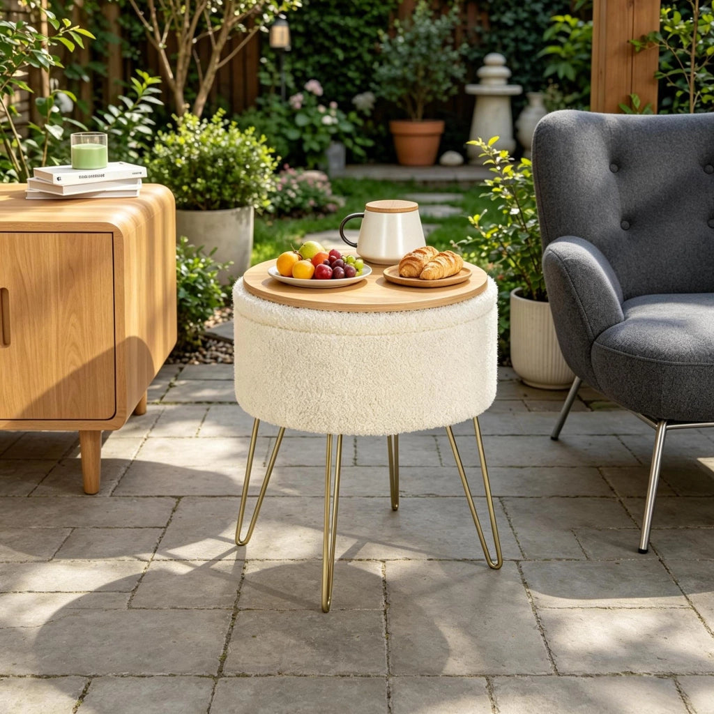 Pouf contenitore rotondo beige con vassoio, 39 x 44 cm