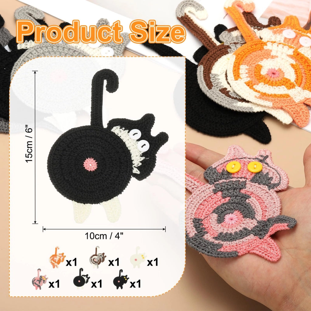 6 sottobicchieri a forma di gatto, lavorati all'uncinetto, diametro 15 cm, design divertente, 6 colori diversi