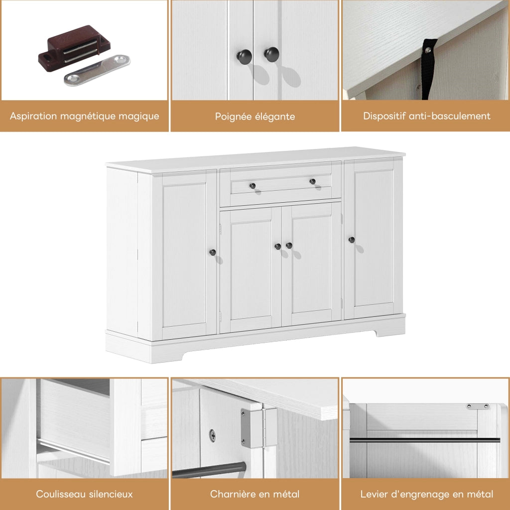 Credenza da cucina lunga 138 cm con cassetto vano a doppia anta e armadietti laterali in MDF bianco con antiribaltamento