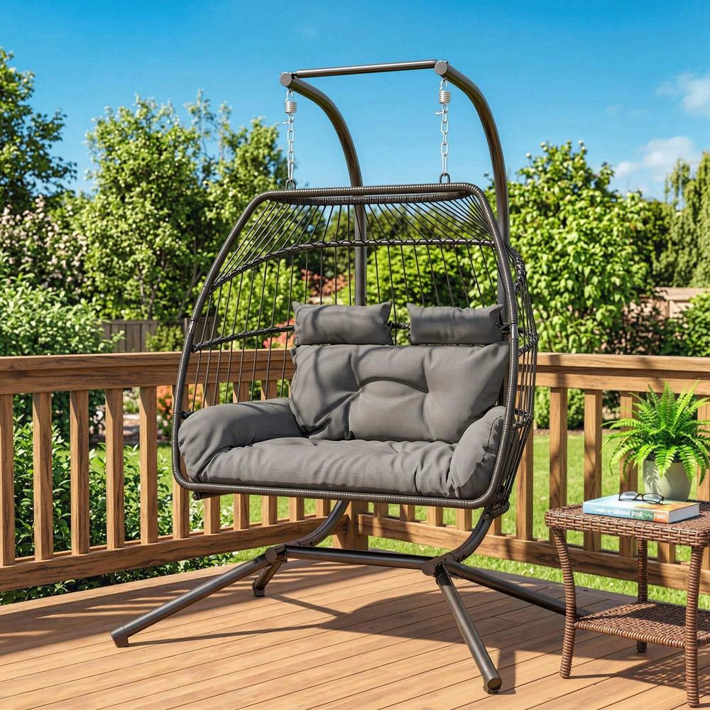 Poltrona Sospesa Pieghevole 2 Posti in Polyrattan e Acciaio con Cuscino, Grigio Scuro, Portata 260 kg, per Casa e Giardino