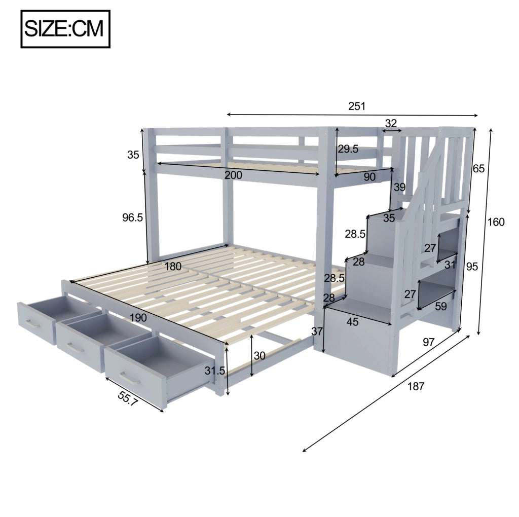 Letto a castello ULEVR 90x200 cm con letto estraibile 90/180x190 cm, 3 cassetti e scala contenitore, grigio