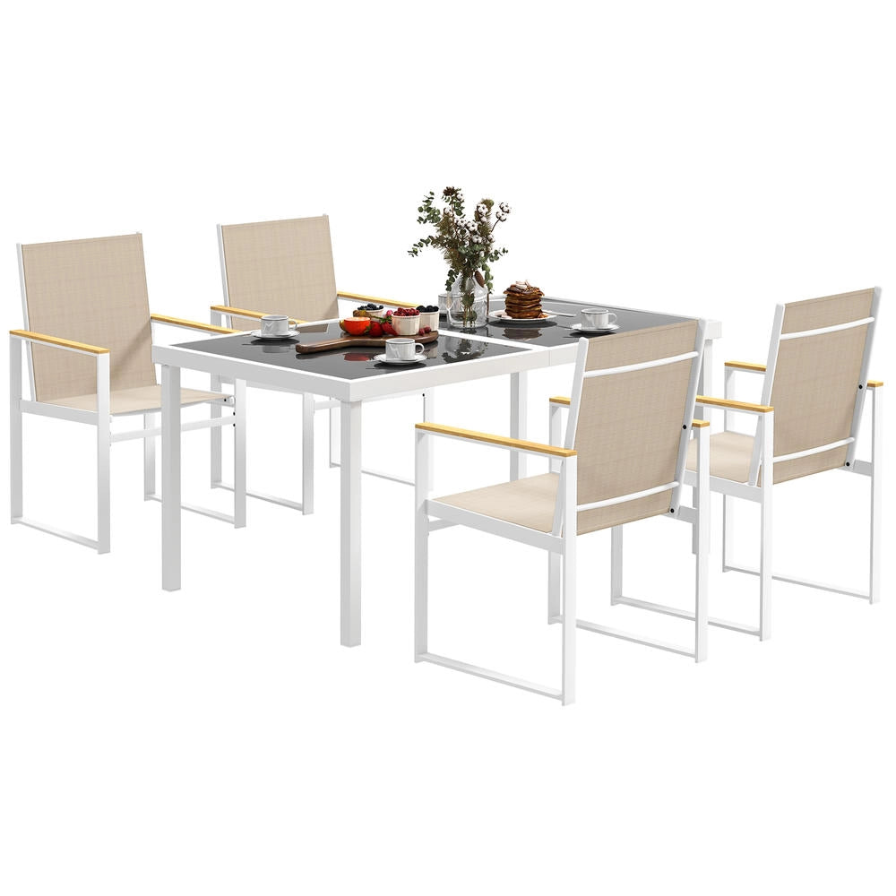 Set da Pranzo da Giardino con Tavolo Rettangolare in Vetro e 4 Sedie con Braccioli, Robusto per Esterno e Terrazzo, Multicolore