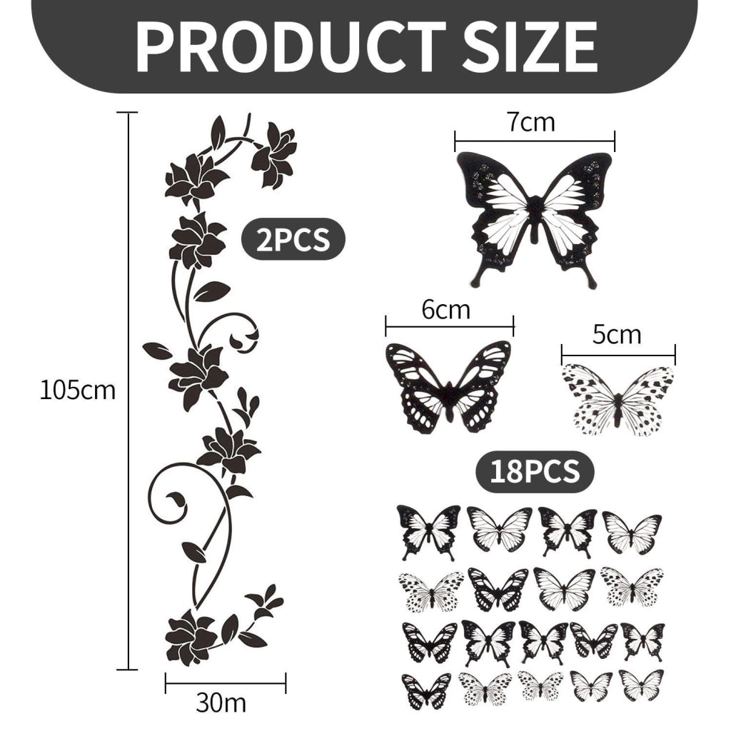 Set di adesivi per pareti: 2 rami di fiori + 18 farfalle, in PVC, colore nero
