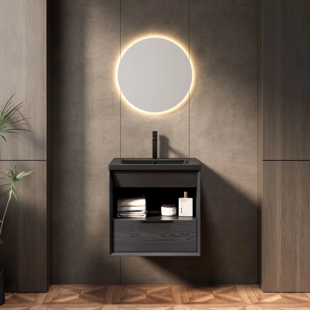 Mobile Lavabo Sospeso con Lavabo Integrato in Ceramica Nero e Rovere Scuro con Cassetto e Ripiano