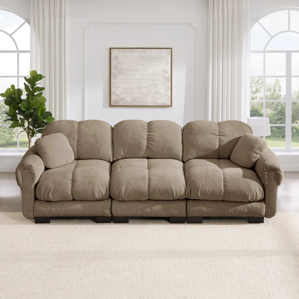 Divano 3 posti 260x86x90 cm in ciniglia marrone modulare con 2 cuscini déco