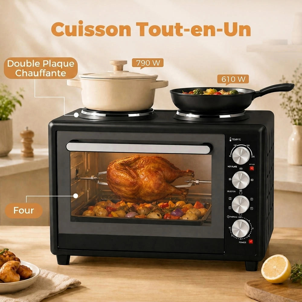 Mini Forno Elettrico Ventilato 46L 1800W con 2 Piastre di Cottura e Girarrosto Fornetto Multifunzione con Timer Salvaspazio Nero