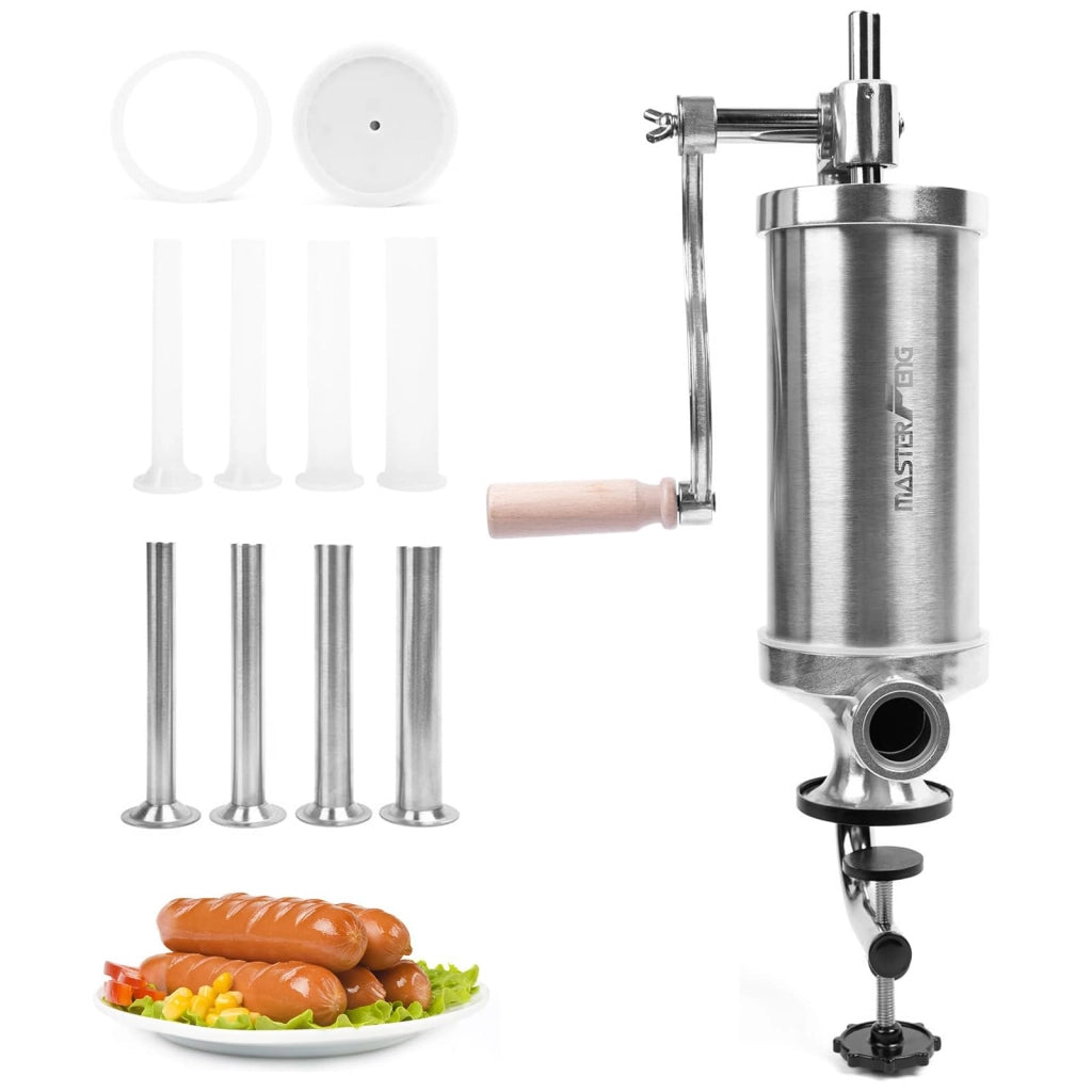 Macchina per insaccare salsicce, capacità 1,1 kg, acciaio inossidabile, 8 adattatori, pistone in silicone