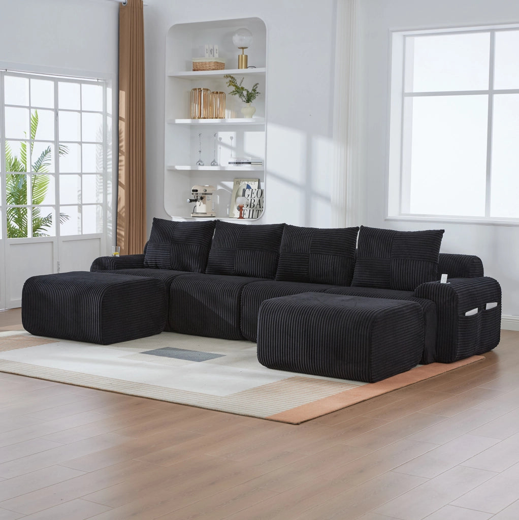 Divano modulare 4 posti 333x174x80 cm con moduli componibili, portabicchieri e tasca laterale in tessuto a coste nero, moderno