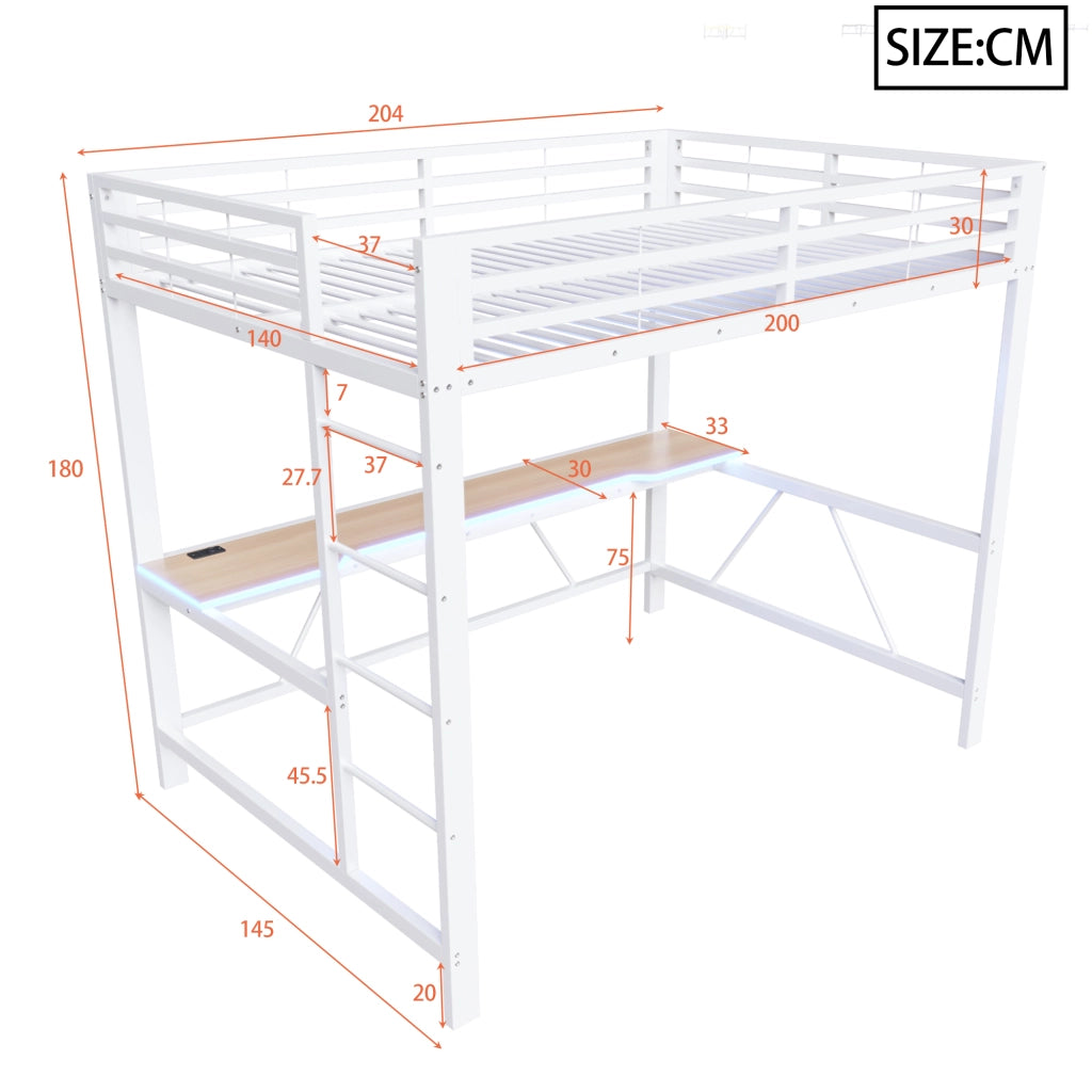 Letto a soppalco 140 × 200 cm con scrivania e led in metallo e MDF bianco con sponde di protezione