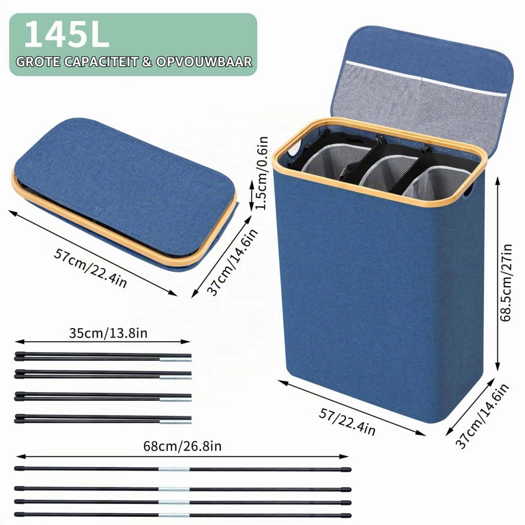 Cesto per la biancheria con 3 scomparti, capacità di 145 litri, pieghevole, colore blu