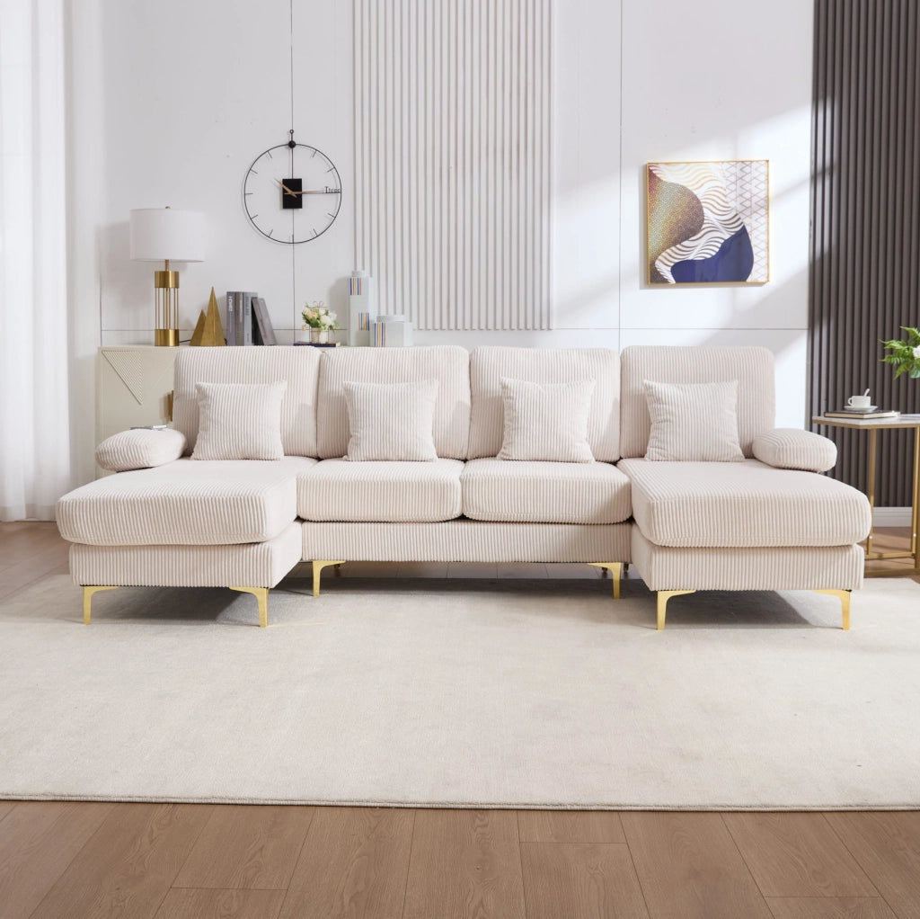 Divano a U 265x135x88 cm in velluto beige con LED e porta USB-C, 4 cuscini