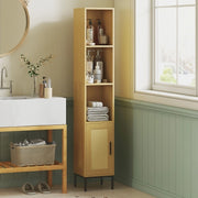 Mobile bagno alto e stretto effetto legno naturale e rattan