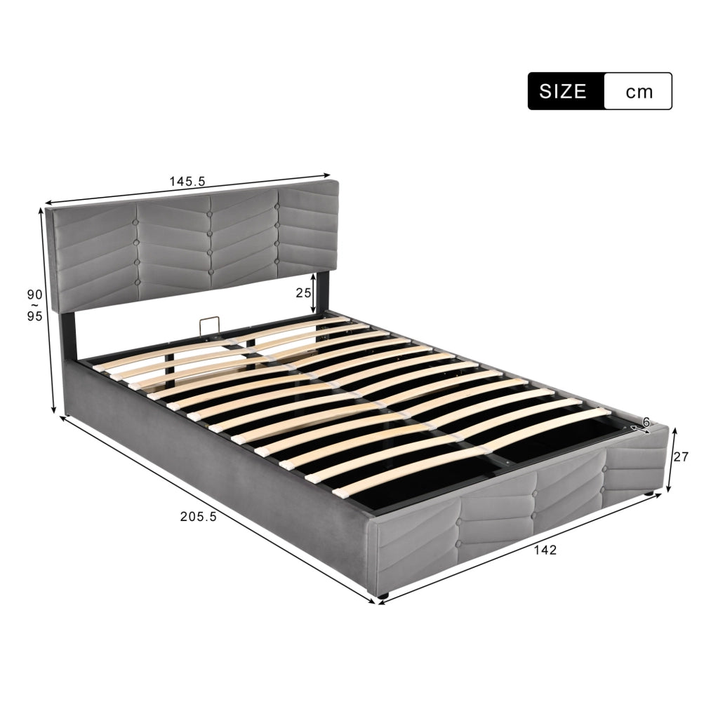 Letto imbottito contenitore 140x200 grigio in velluto con materasso