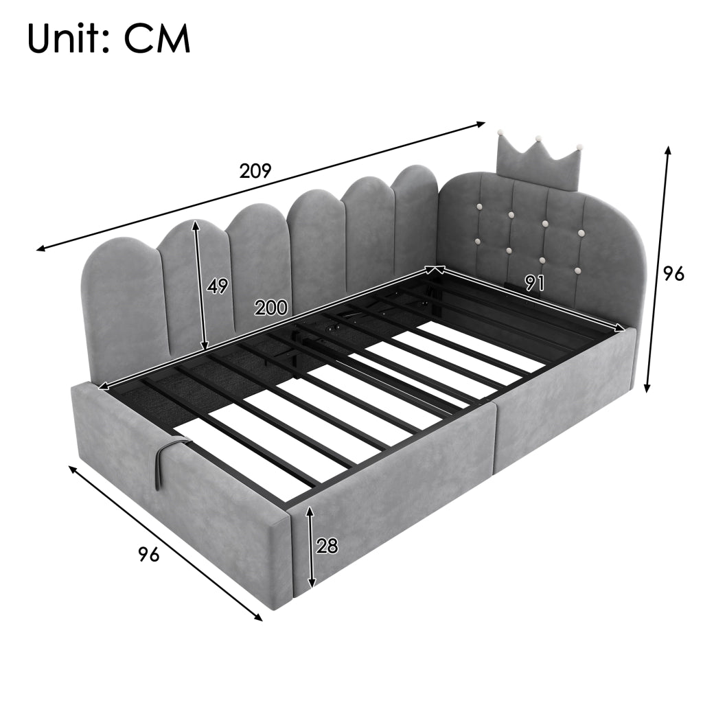 Letto contenitore 90 × 200 cm a L imbottito in velluto grigio con rete a doghe e testiera con corona