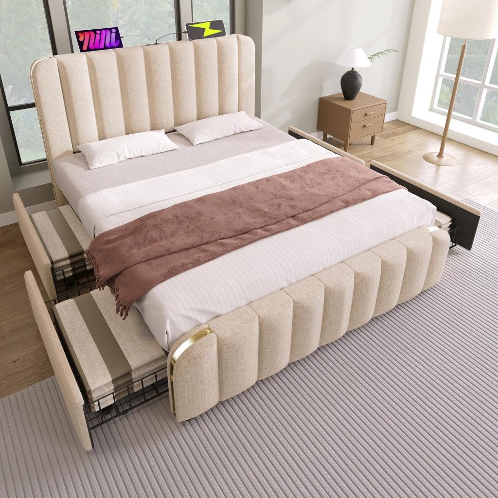 Letto matrimoniale imbottito 140 × 200 cm in lino beige con 4 cassetti USB e Type-C testiera con inserti metallici