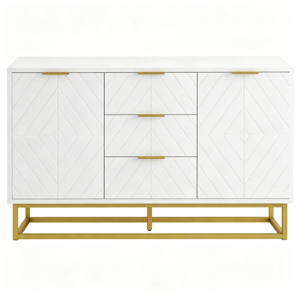 Credenza bianca e dorata con 2 vani e 3 cassetti