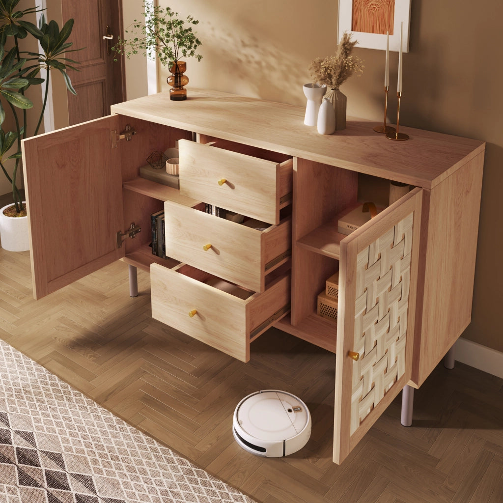 Credenza 120 × 40 × 75 cm in MDF color rovere con 2 ante 3 cassetti ripiani regolabili gambe in metallo