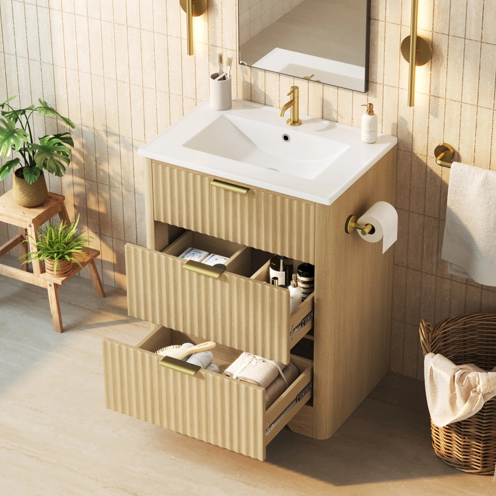 Mobile bagno 61 cm con lavabo in ceramica, cassetti e portarotolo montabile su entrambi i lati, finitura effetto legno e maniglie dorate, senza rubinetto