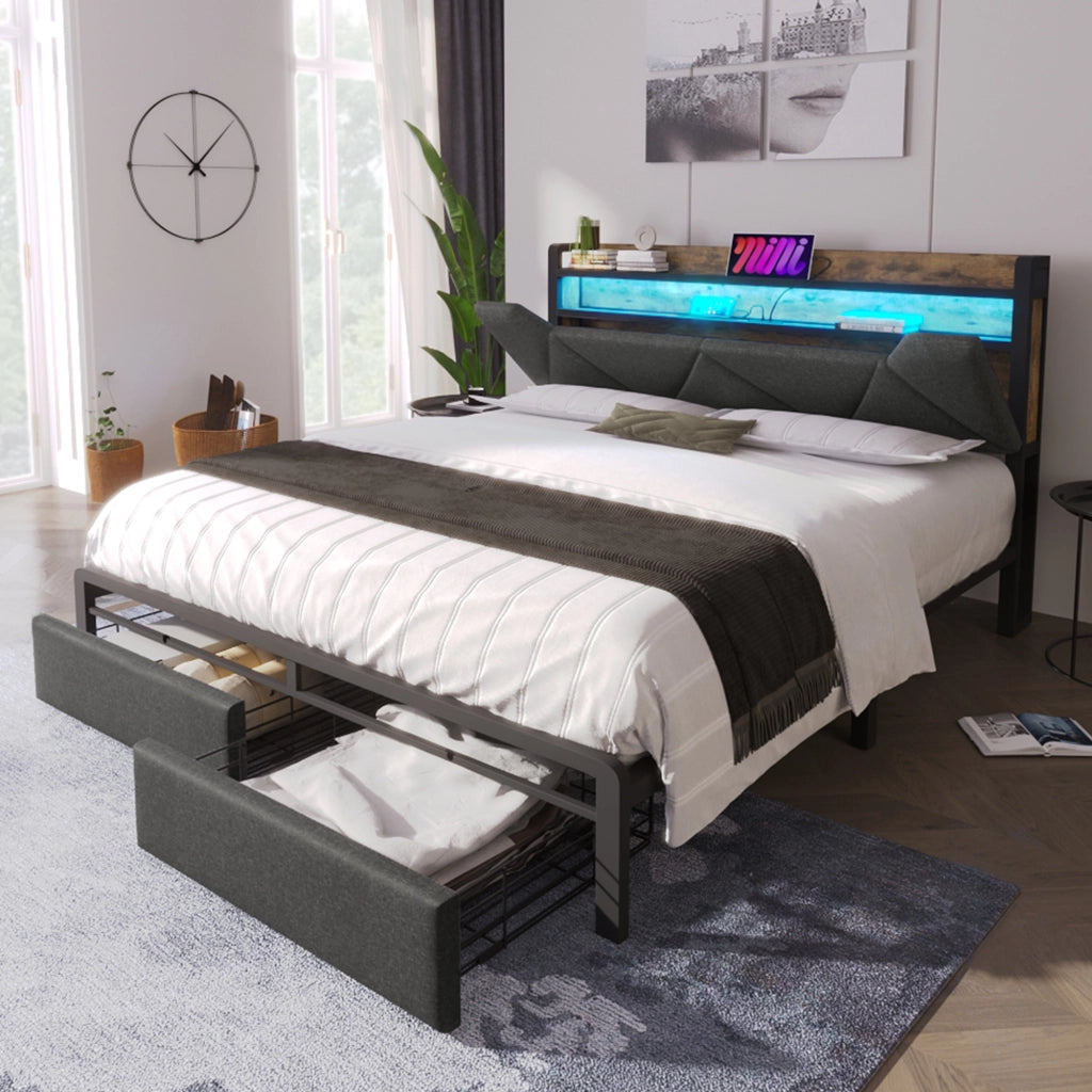 Letto con cassetti 140 ¡Á 200 cm con testiera contenitore LED; porte USB e Type-C; rivestito in lino grigio