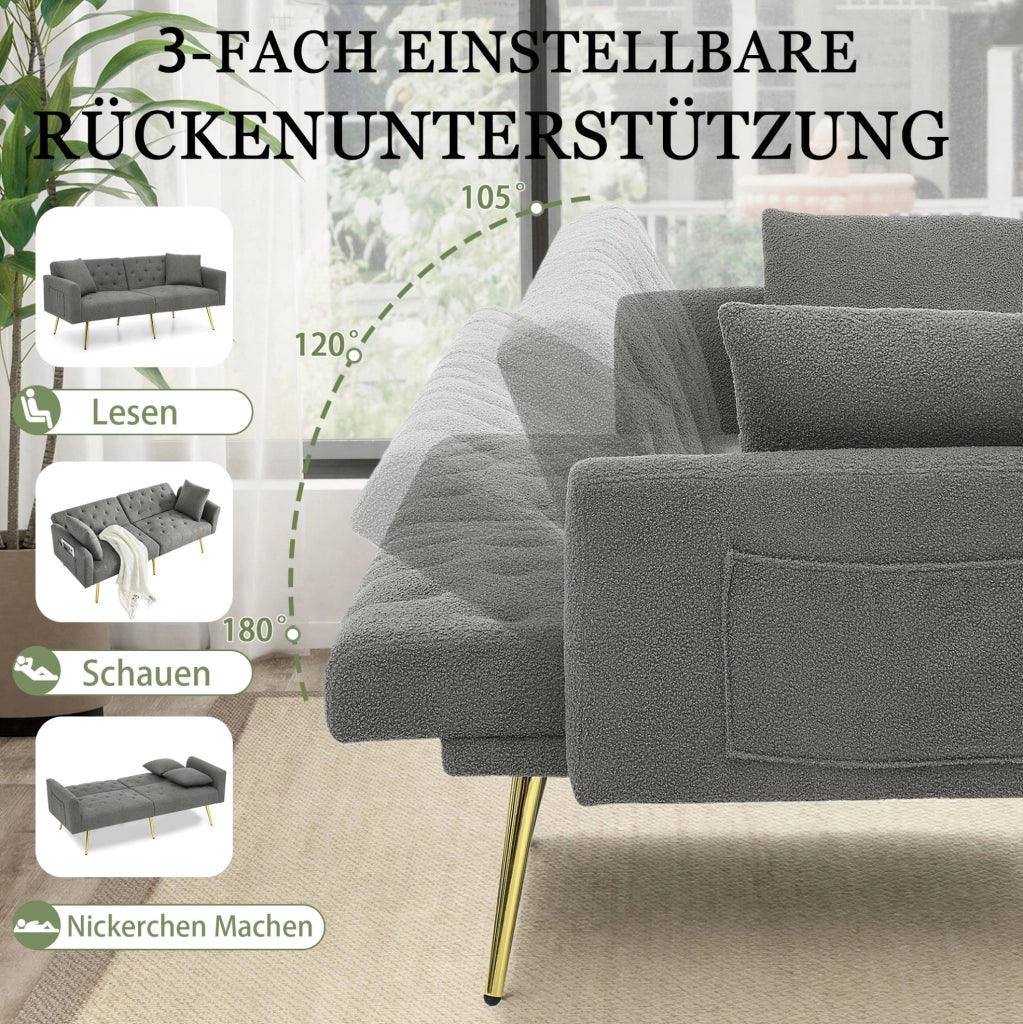 Divano 2 posti grigio in tessuto Teddy con schienale regolabile