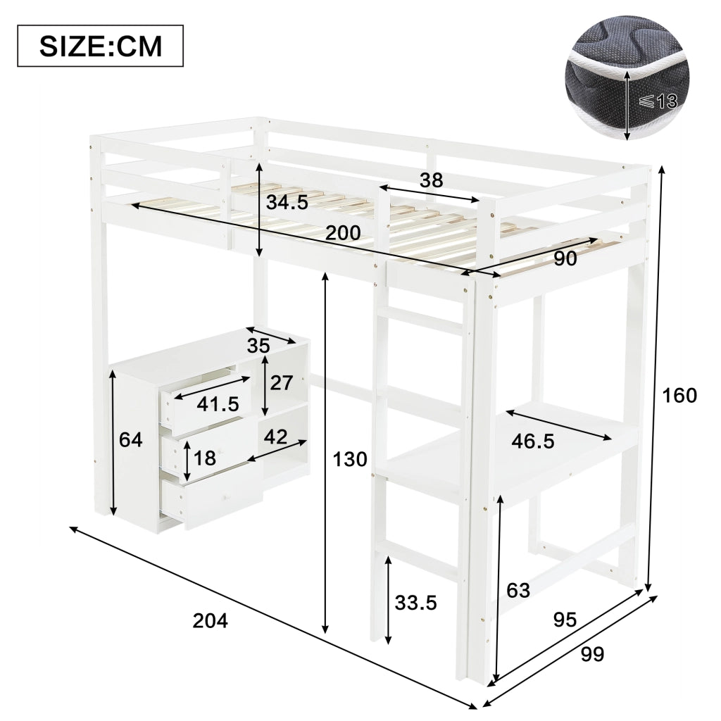 Letto a soppalco per bambini 90 × 200 cm con scrivania cassetti scaffale rete a doghe in legno bianco