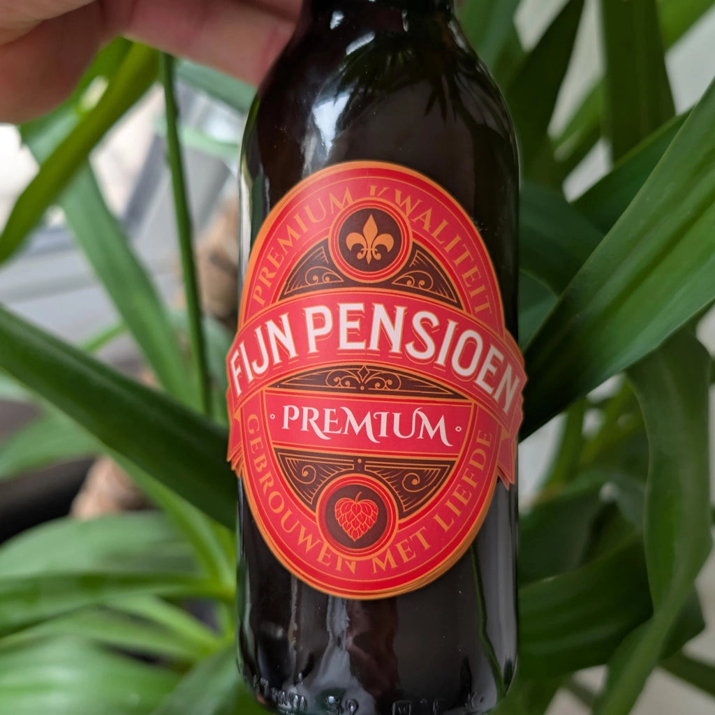 6 etichette per bottiglie di birra – "Fijn Pensioen" – Verde e oro