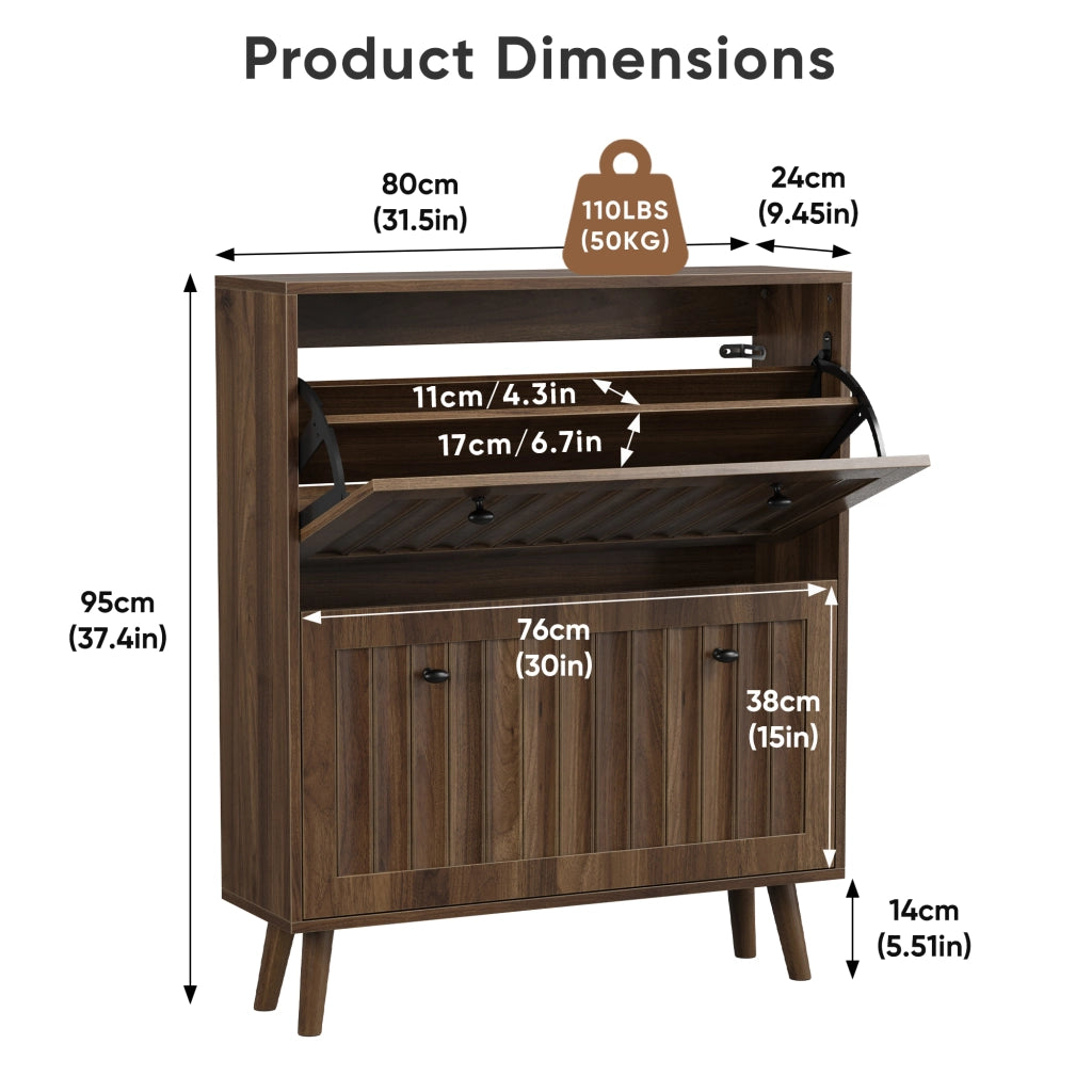 Scarpiera 80 × 24 × 95 cm con 2 ante a ribalta e ripiano aperto in MDF e truciolare color noce con gambe in legno