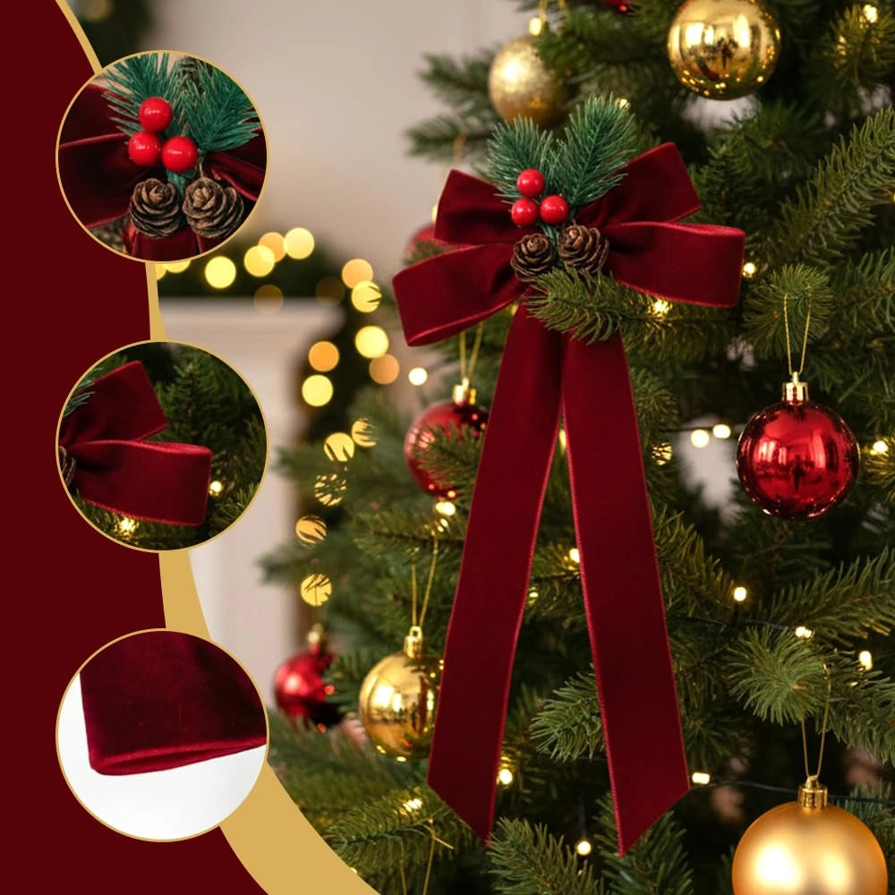 12 nastri decorativi rossi per albero di Natale, con decorazioni a forma di pigna/strass