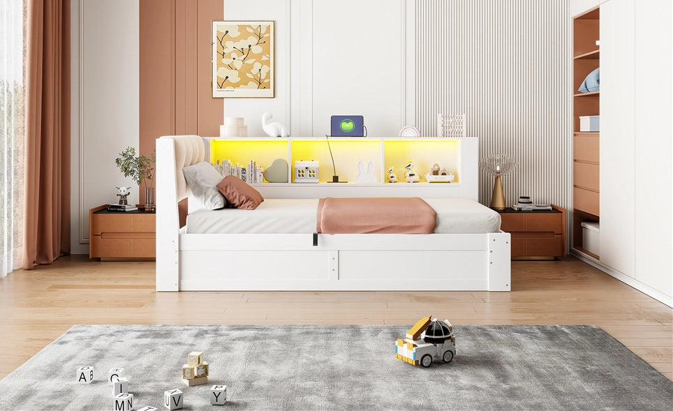 Letto singolo 90x200 cm in pino bianco con contenitore idraulico, LED regolabile, USB e scaffali laterali