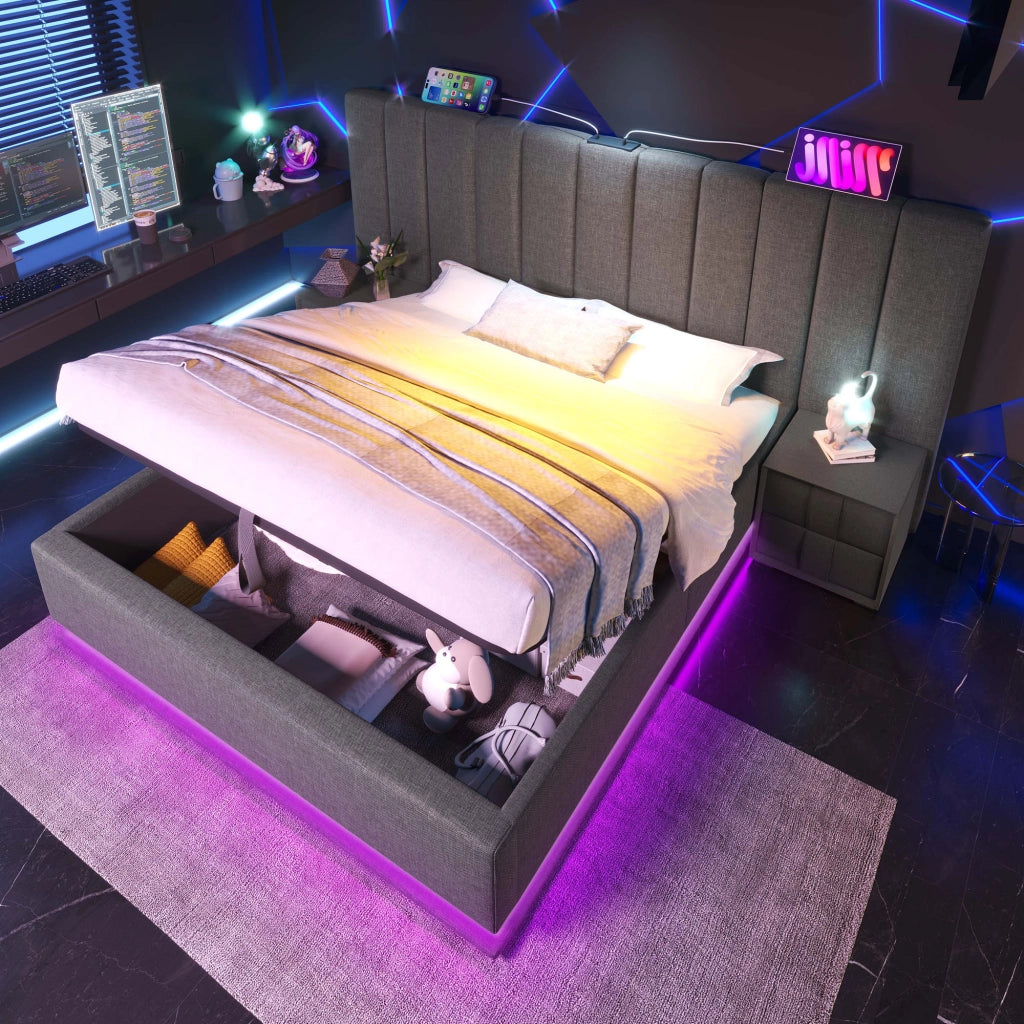 Letto matrimoniale contenitore 160 × 200 cm con LED app ricarica USB USB C 20 W lino grigio rete a doghe