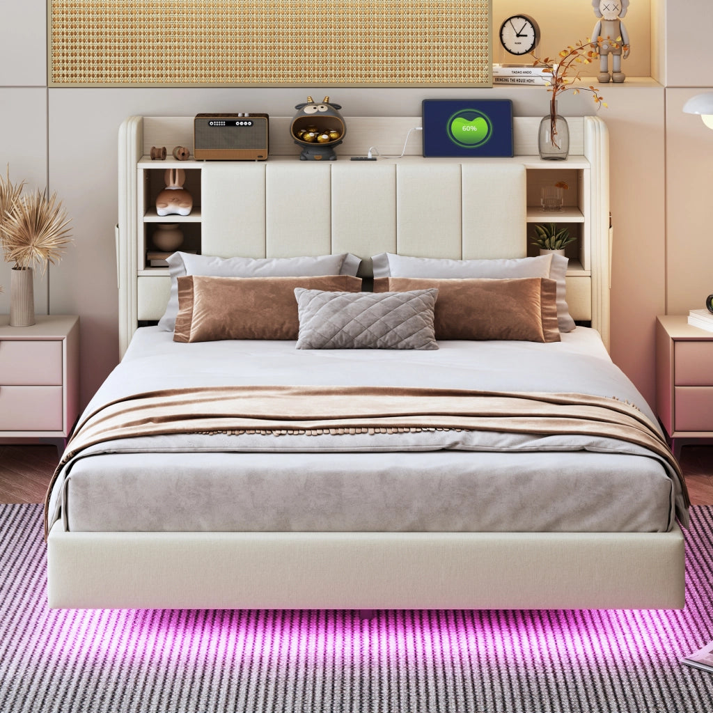 Letto matrimoniale imbottito 140 × 200 cm con USB e LED testiera contenitore in lino beige struttura in metallo