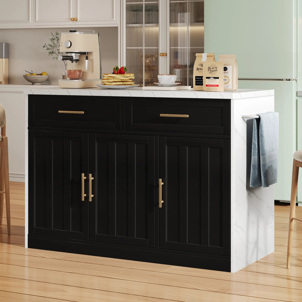 Isola cucina 120x60x91 cm con bancone; prese e USB; cassetti e ripiani regolabili; MDF nero