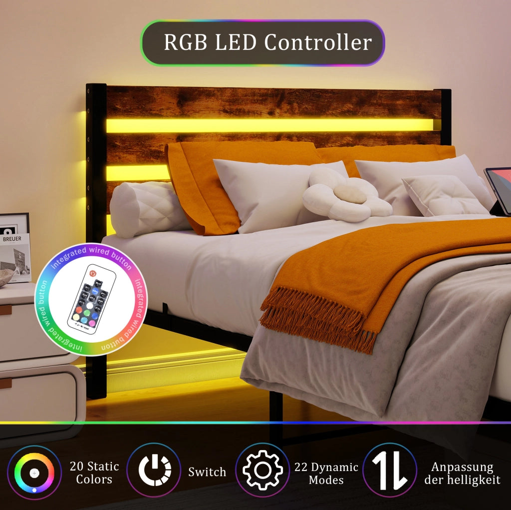 Struttura letto matrimoniale 140x200 cm in metallo con testiera in legno, LED RGB con controllo app, supporto robusto e spazio sottostante per guardaroba
