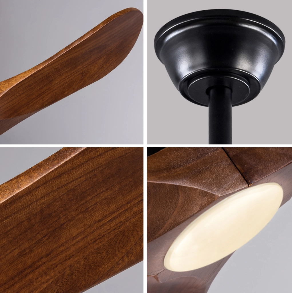 Ventilatore da soffitto con luce a LED, pale in legno massello, nero e noce