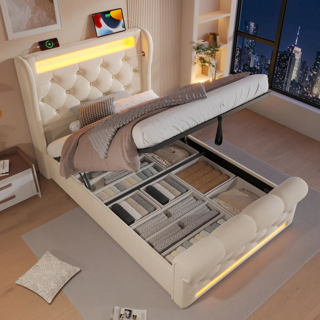 Letto contenitore 140 ¡Á 200 cm con LED; USB e Type-C; vano nella testiera; rivestito in lino grigio