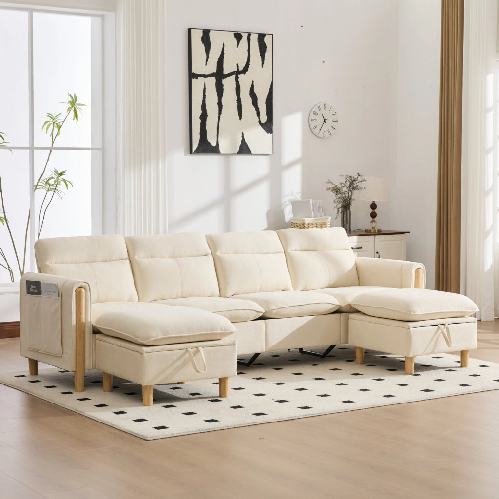 Divano modulare a 4 posti in ciniglia beige con 2 pouf contenitore